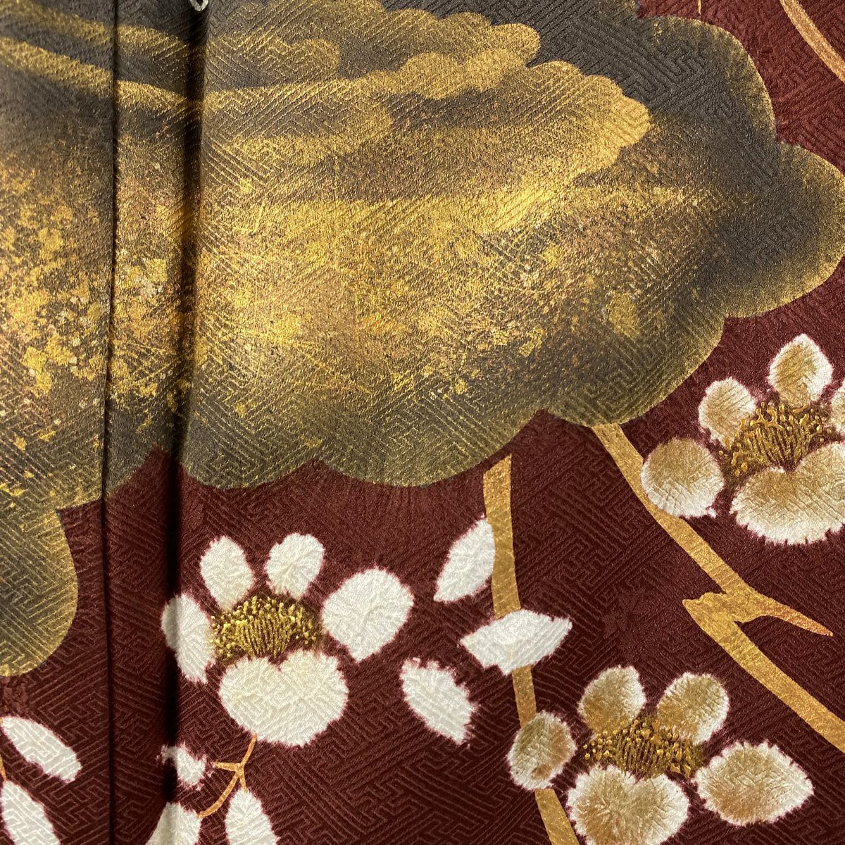 【庫存清倉】訪問服 身長151cm 袖長66cm M 雙層 枝花 雲紋 絞染 金絲 茶 純蠶絲 逸品級