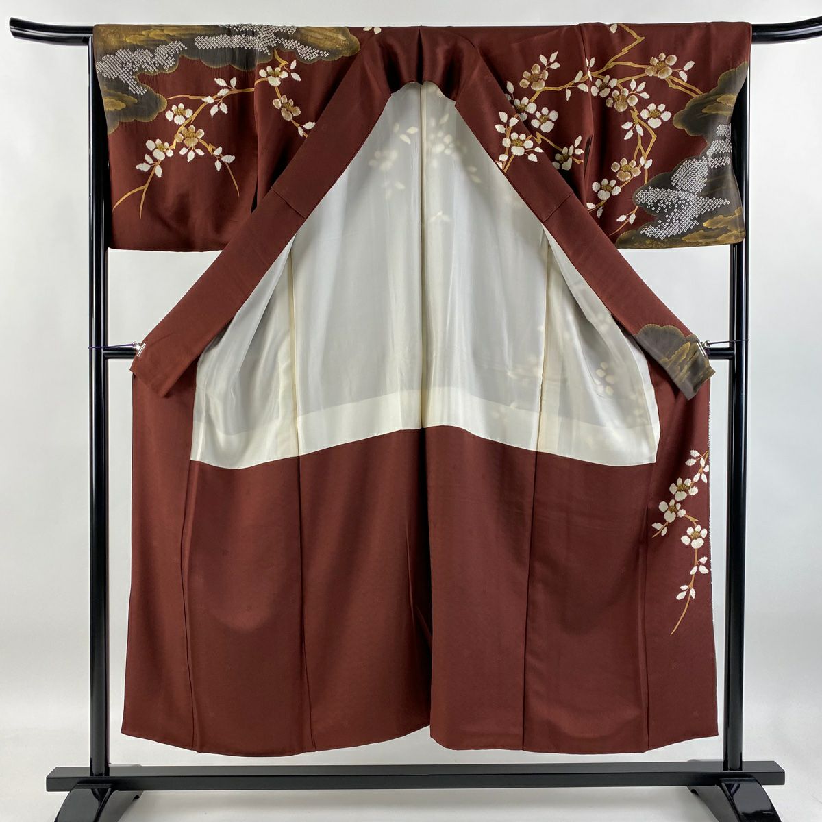 【庫存清倉】訪問服 身長151cm 袖長66cm M 雙層 枝花 雲紋 絞染 金絲 茶 純蠶絲 逸品級