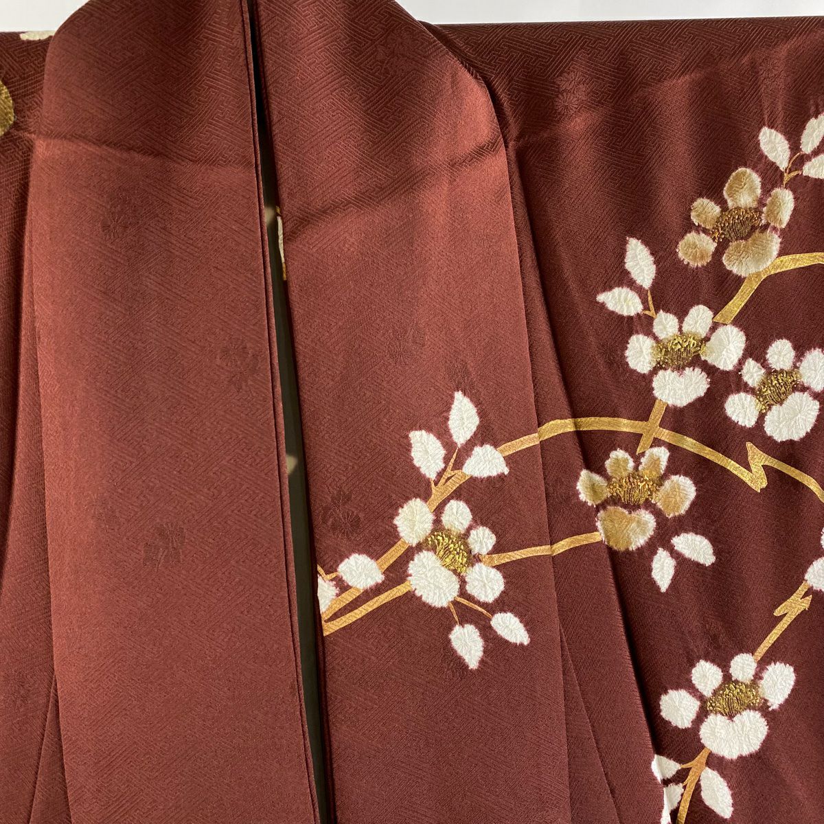 【庫存清倉】訪問服 身長151cm 袖長66cm M 雙層 枝花 雲紋 絞染 金絲 茶 純蠶絲 逸品級