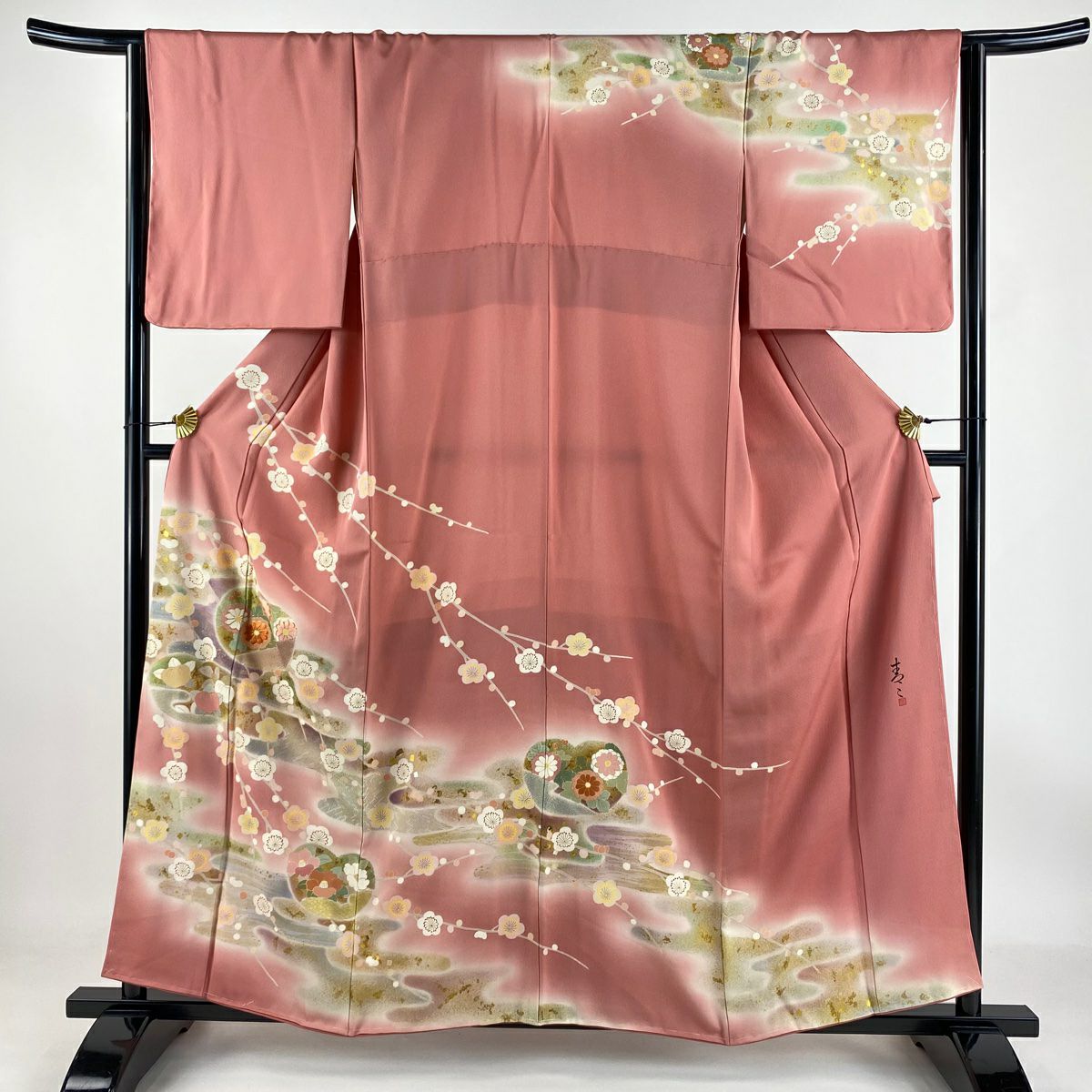 【庫存清倉】訪問服 身長157.5cm 袖長64cm M 雙層 松樹井青青 落款有 團扇子 梅花花 刺繡 金銀彩 粉紅 純蠶絲 逸品級