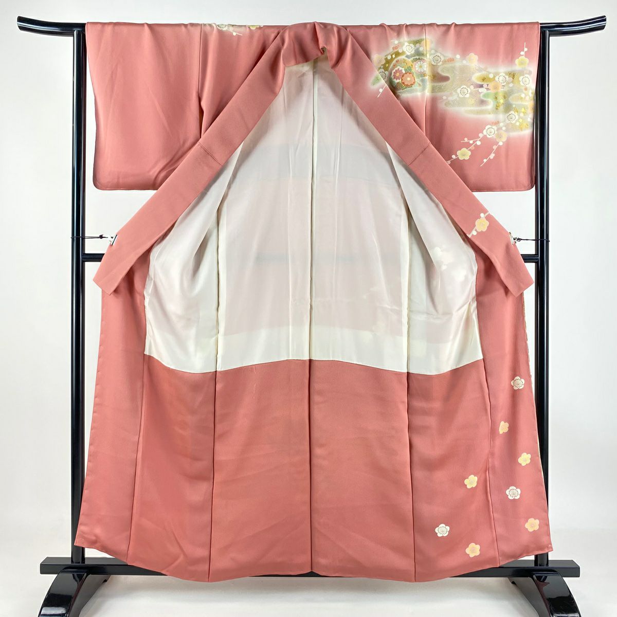 【庫存清倉】訪問服 身長157.5cm 袖長64cm M 雙層 松樹井青青 落款有 團扇子 梅花花 刺繡 金銀彩 粉紅 純蠶絲 逸品級