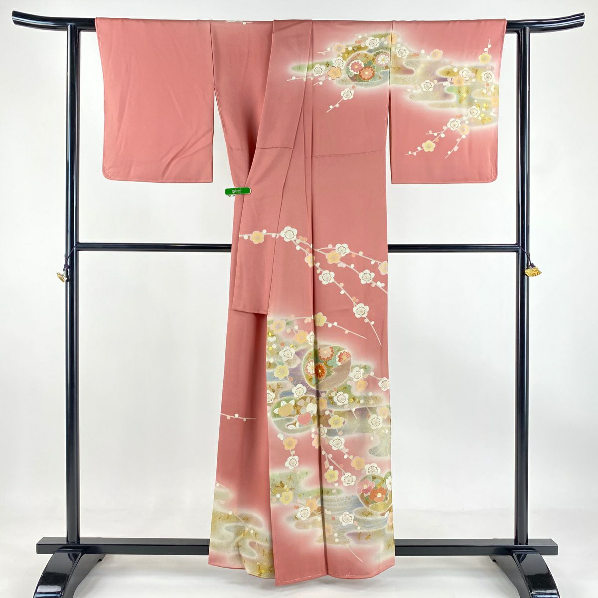 【庫存清倉】訪問服 身長157.5cm 袖長64cm M 雙層 松樹井青青 落款有 團扇子 梅花花 刺繡 金銀彩 粉紅 純蠶絲 逸品級