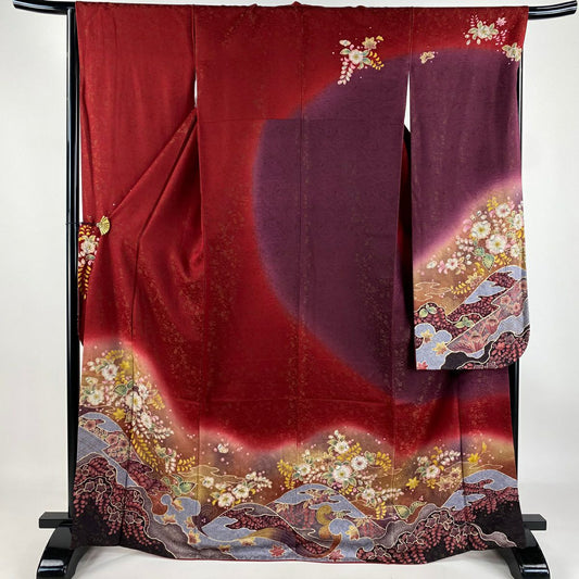【庫存清倉】振袖禮服 身長166.5cm 袖長67cm M 雙層 辻花染 金彩裝飾 茜 純蠶絲 美品 逸品級
