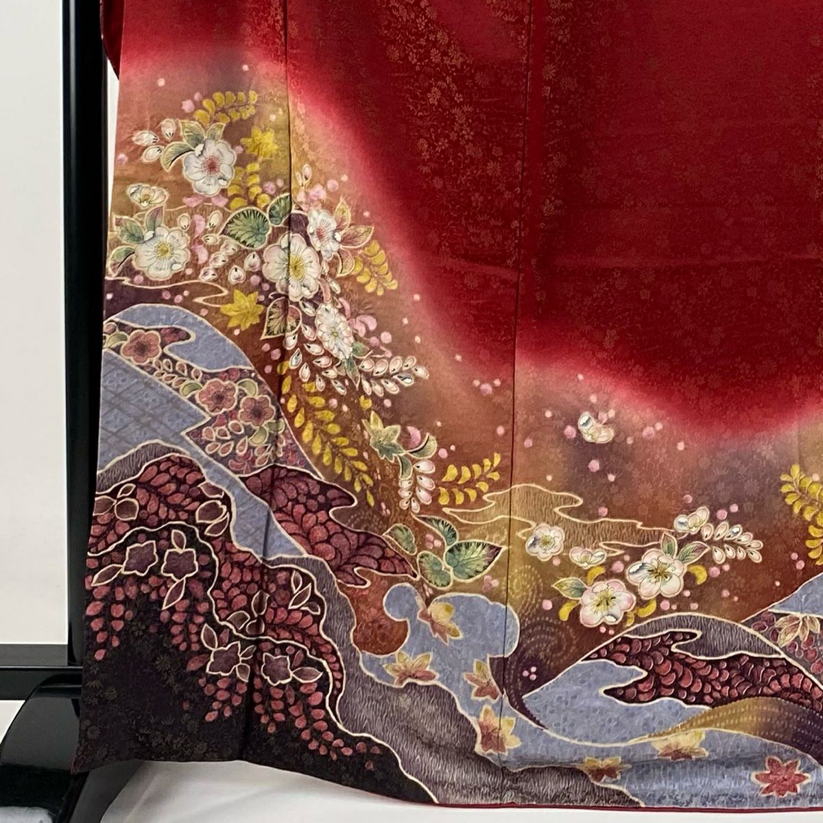 【庫存清倉】振袖禮服 身長166.5cm 袖長67cm M 雙層 辻花染 金彩裝飾 茜 純蠶絲 美品 逸品級