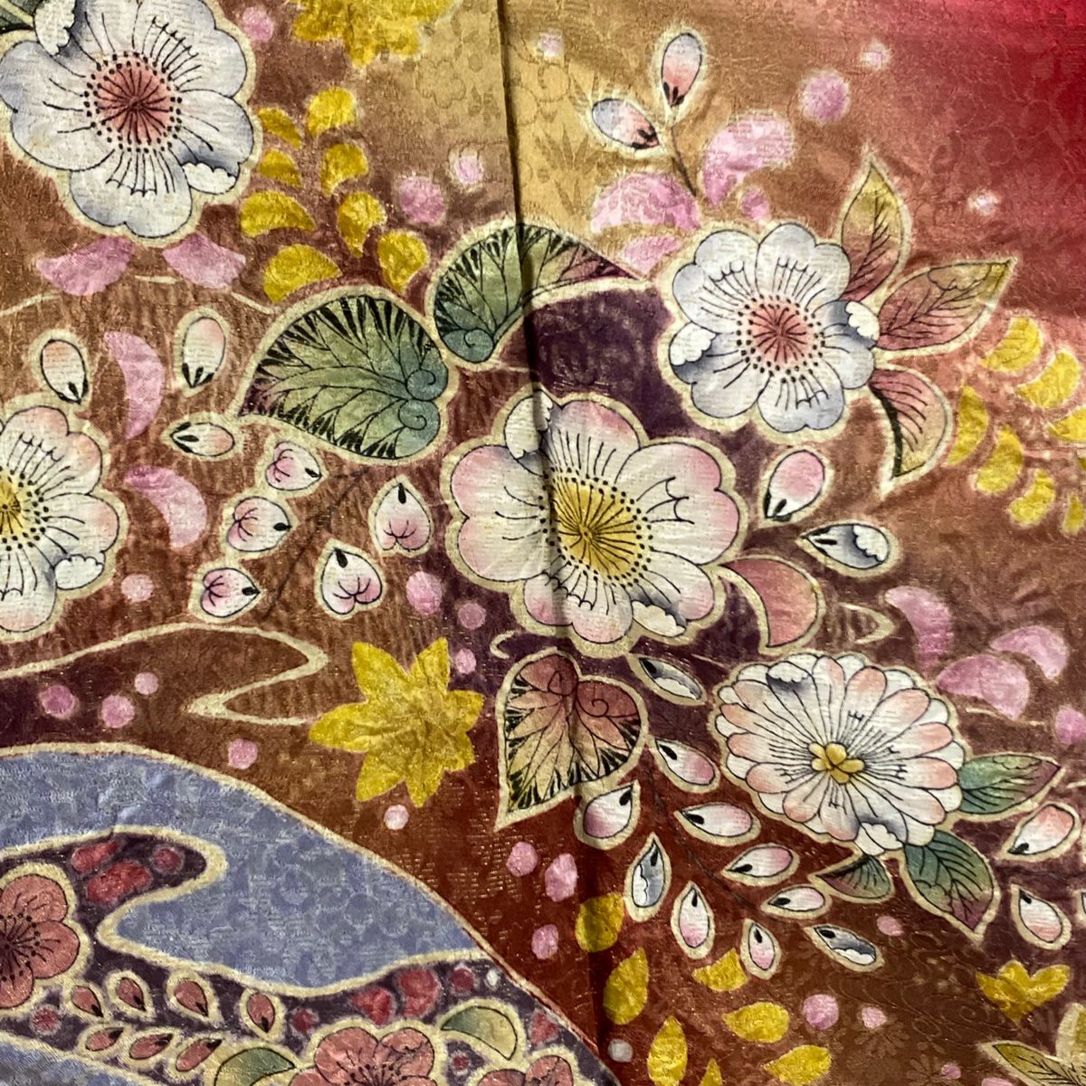 【庫存清倉】振袖禮服 身長166.5cm 袖長67cm M 雙層 辻花染 金彩裝飾 茜 純蠶絲 美品 逸品級