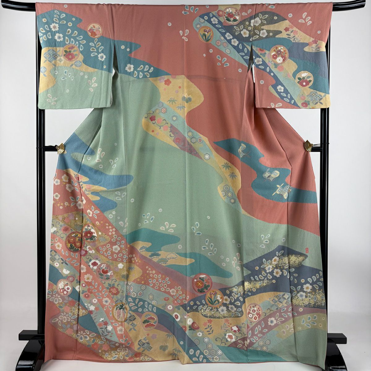 【庫存清倉】訪問服 身長169cm 袖長66.5cm M 雙層 落款 鎌倉文 松樹竹子梅花 金絲 金銀彩 淺綠 純蠶絲 名品級