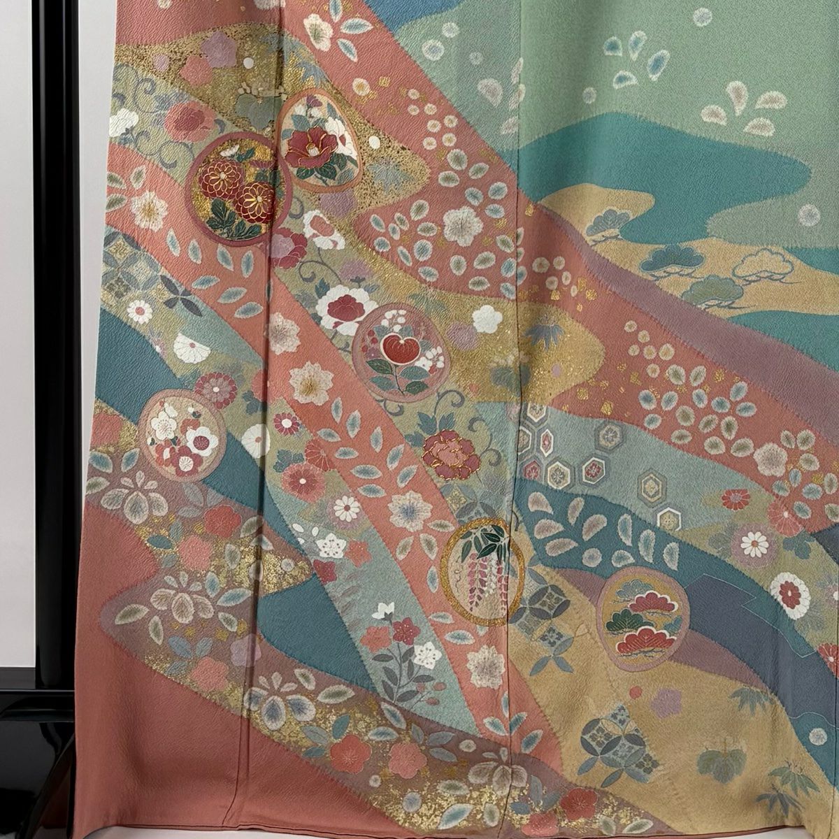 【庫存清倉】訪問服 身長169cm 袖長66.5cm M 雙層 落款 鎌倉文 松樹竹子梅花 金絲 金銀彩 淺綠 純蠶絲 名品級