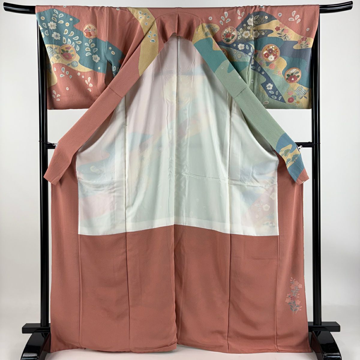 【庫存清倉】訪問服 身長169cm 袖長66.5cm M 雙層 落款 鎌倉文 松樹竹子梅花 金絲 金銀彩 淺綠 純蠶絲 名品級