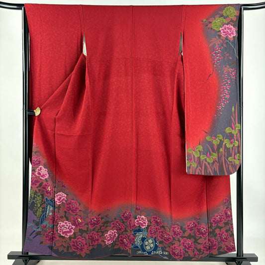 【庫存清倉】振袖禮服 身長156cm 袖長63cm S 雙層 牡丹 御所車 刺繡 金彩裝飾 紅 純蠶絲 美品 名品級