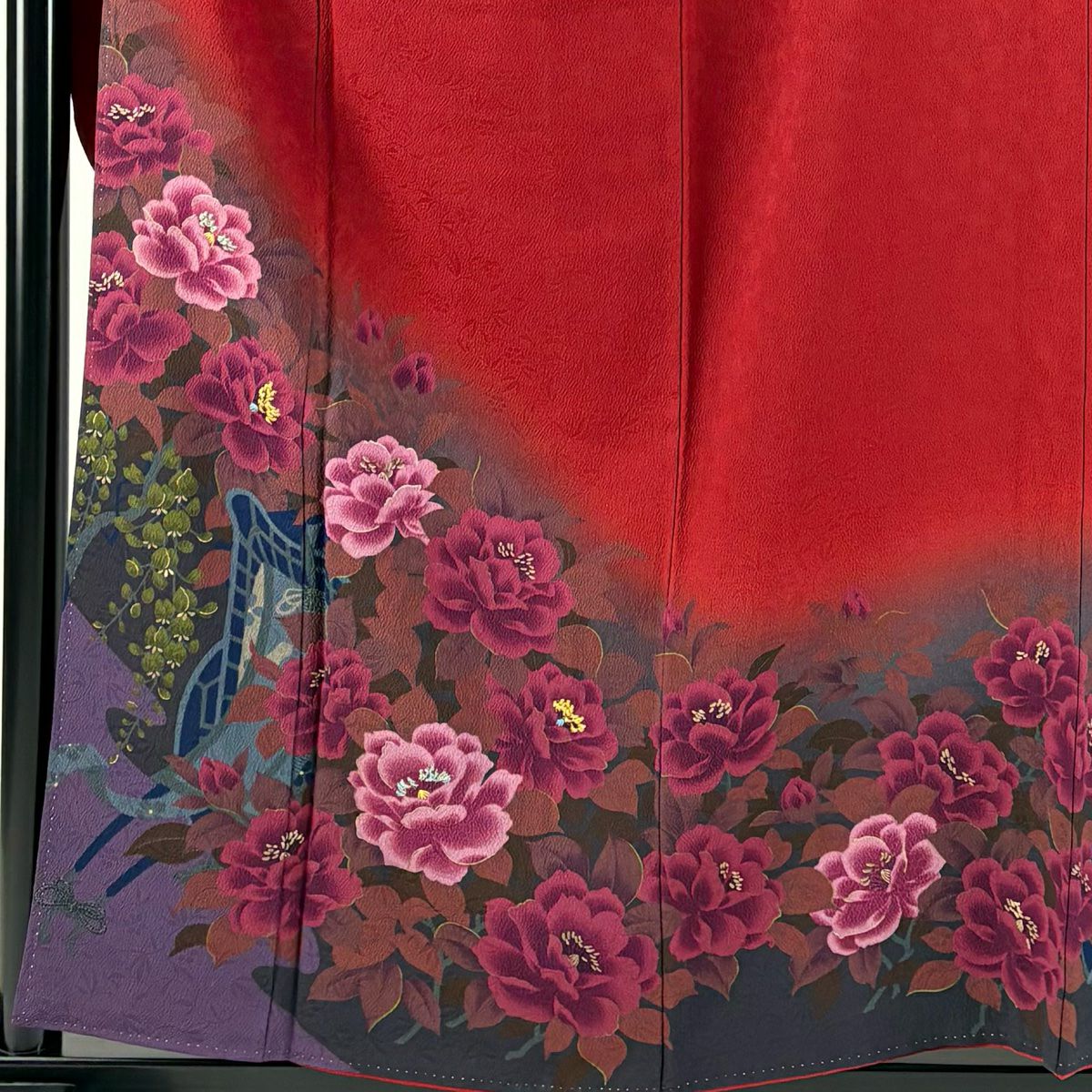 【庫存清倉】振袖禮服 身長156cm 袖長63cm S 雙層 牡丹 御所車 刺繡 金彩裝飾 紅 純蠶絲 美品 名品級