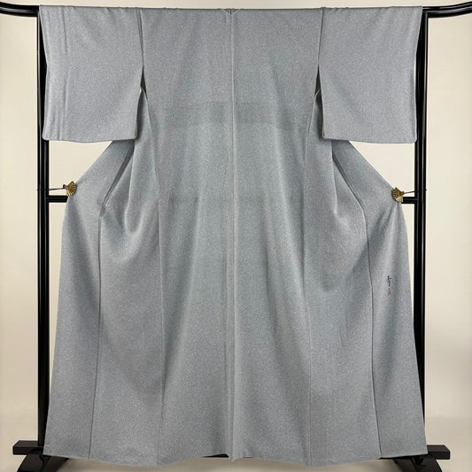 小紋 身長160cm 袖長64.5cm M 雙層 松樹井青青 落款あり 幾何學 青灰 純蠶絲 名品級