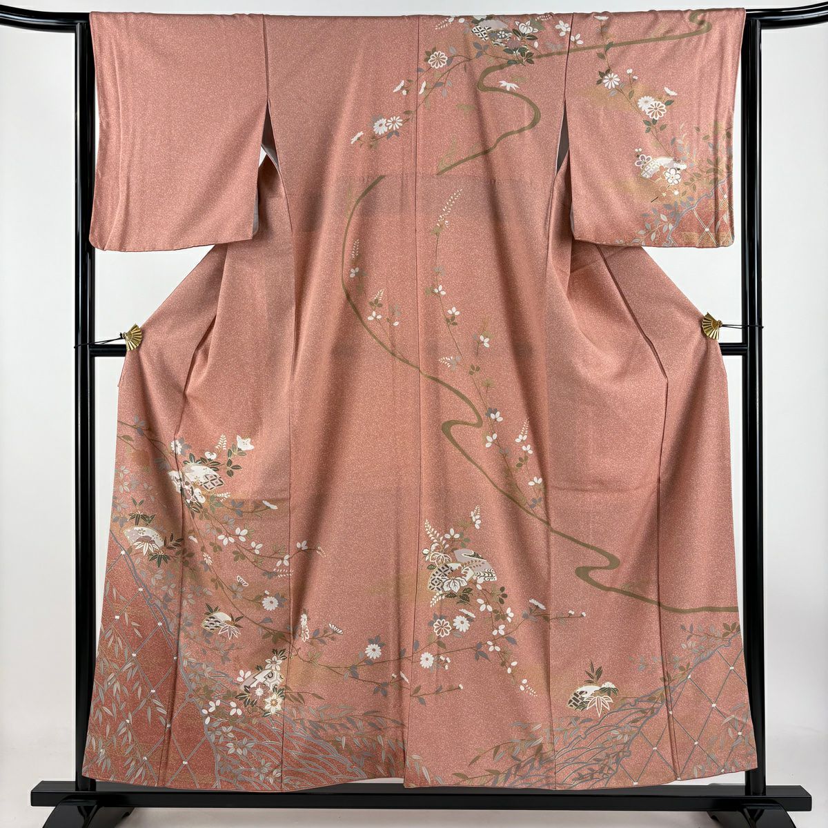 【庫存清倉】訪問服 身長156cm 袖長63.5cm S 雙層 扇子 草花紋紋 金彩裝飾 粉紅 純蠶絲 美品 秀品級