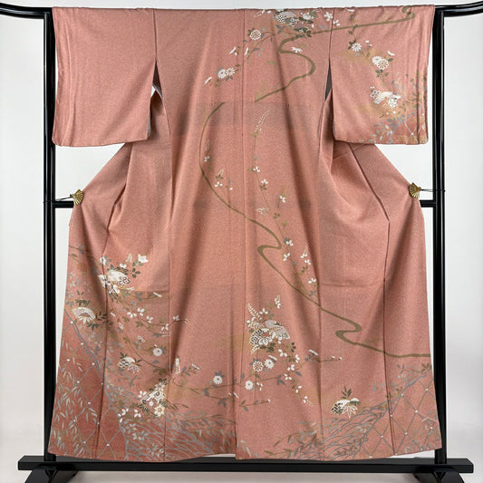 【庫存清倉】訪問服 身長156cm 袖長63.5cm S 雙層 扇子 草花紋紋 金彩裝飾 粉紅 純蠶絲 美品 秀品級