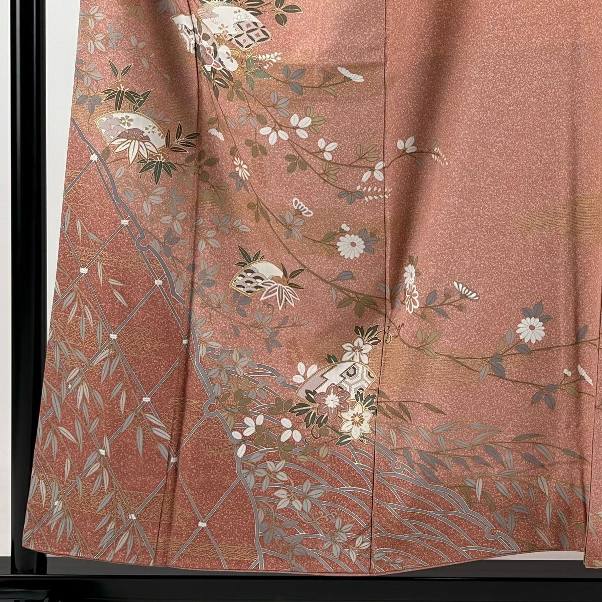 【庫存清倉】訪問服 身長156cm 袖長63.5cm S 雙層 扇子 草花紋紋 金彩裝飾 粉紅 純蠶絲 美品 秀品級