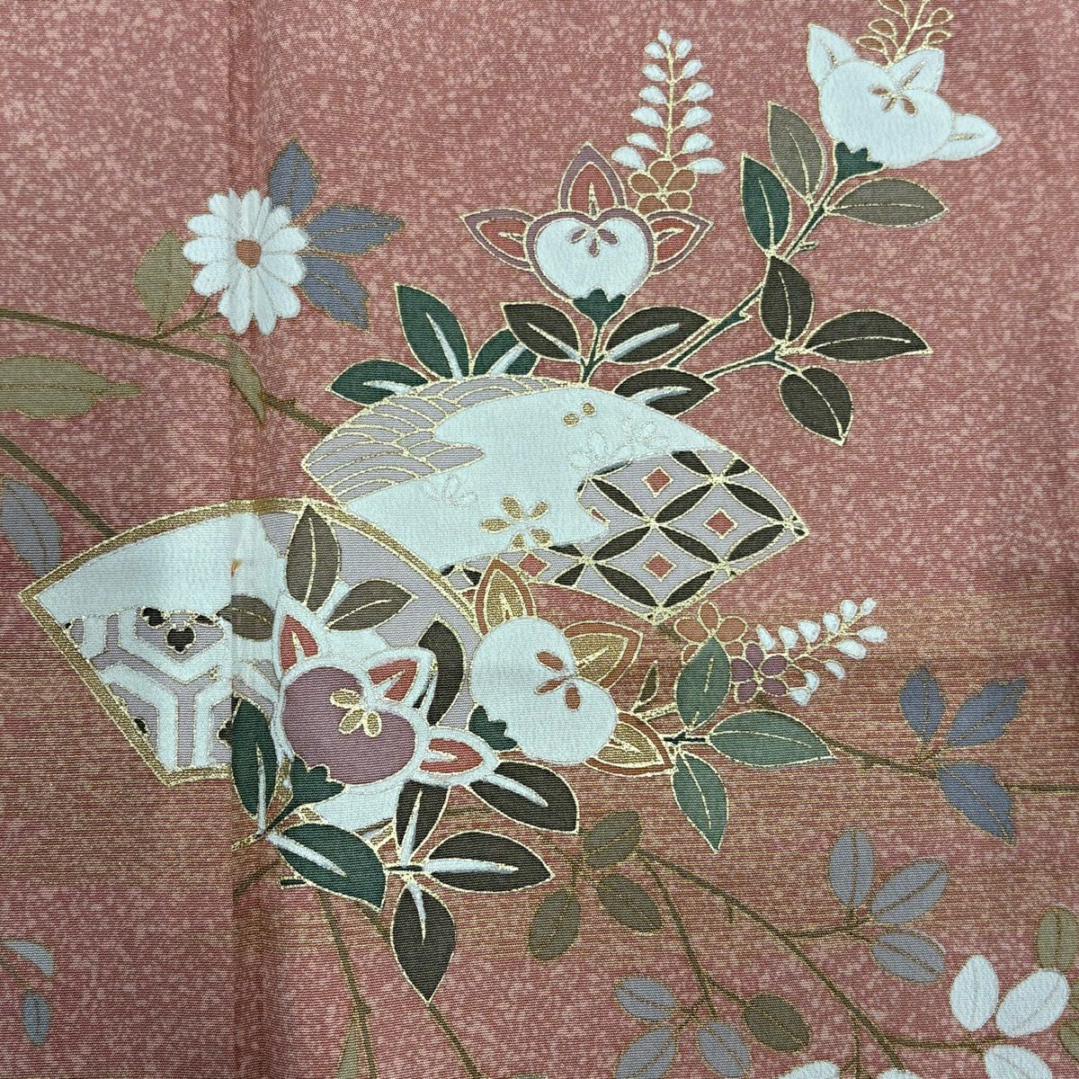 【庫存清倉】訪問服 身長156cm 袖長63.5cm S 雙層 扇子 草花紋紋 金彩裝飾 粉紅 純蠶絲 美品 秀品級
