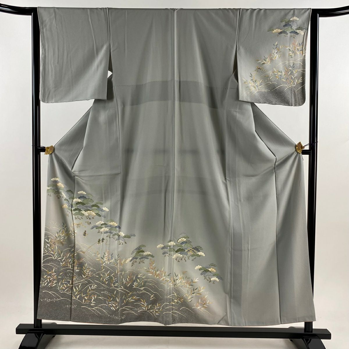 【庫存清倉】訪問服 身長154.5cm 袖長63cm S 雙層 地引網 松樹 金銀彩 漸層 灰色 純蠶絲 優品級