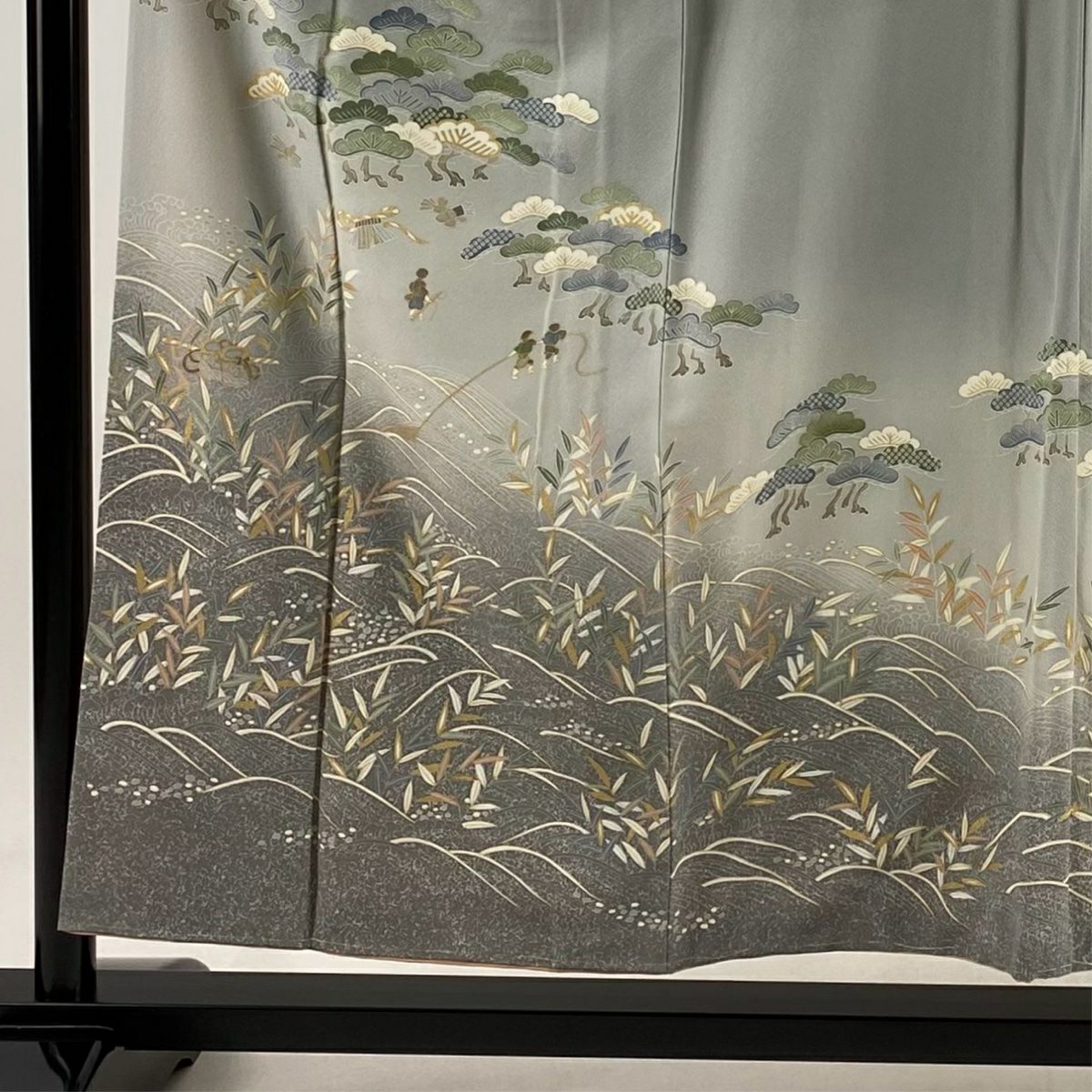 【庫存清倉】訪問服 身長154.5cm 袖長63cm S 雙層 地引網 松樹 金銀彩 漸層 灰色 純蠶絲 優品級