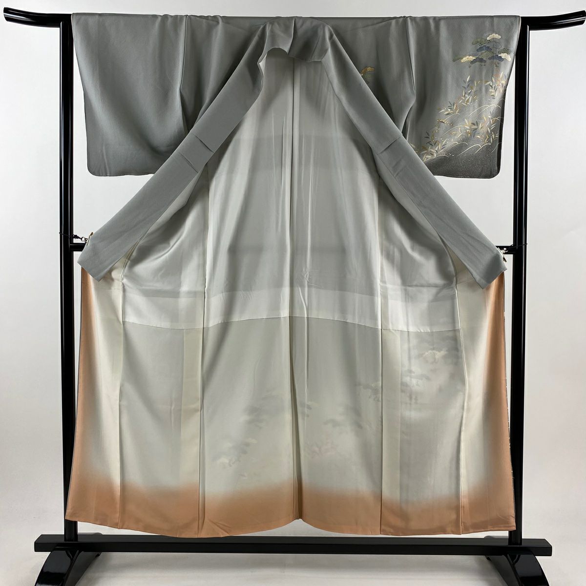【庫存清倉】訪問服 身長154.5cm 袖長63cm S 雙層 地引網 松樹 金銀彩 漸層 灰色 純蠶絲 優品級