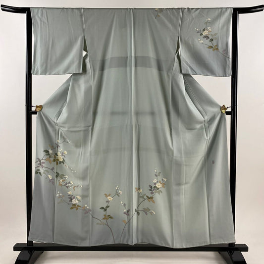 【庫存清倉】 付下 身長156cm 袖長63cm S 雙層 落款有 枝花 染分 朦朧 青灰 純蠶絲 優品級