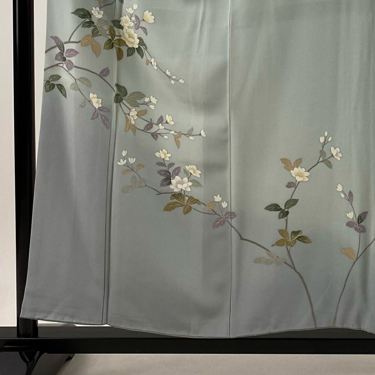 【庫存清倉】 付下 身長156cm 袖長63cm S 雙層 落款有 枝花 染分 朦朧 青灰 純蠶絲 優品級