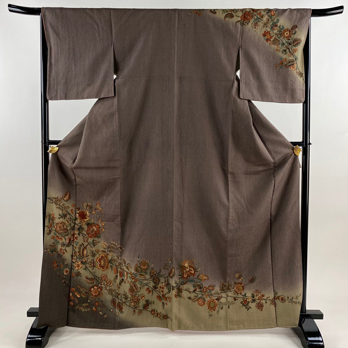 【庫存清倉】訪問服 身長166cm 袖長65.5cm M 雙層 草花紋紋 金彩裝飾 漸層 茶紫 純蠶絲 優品級