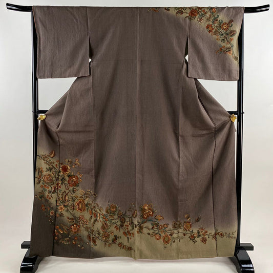 【庫存清倉】訪問服 身長166cm 袖長65.5cm M 雙層 草花紋紋 金彩裝飾 漸層 茶紫 純蠶絲 優品級