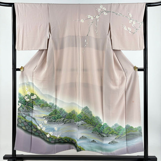 【庫存清倉】訪問服 身長152.5cm 袖長63.5cm S 雙層 落款有 水邊風景 枝梅花 漸層 粉紅 純蠶絲 優品級