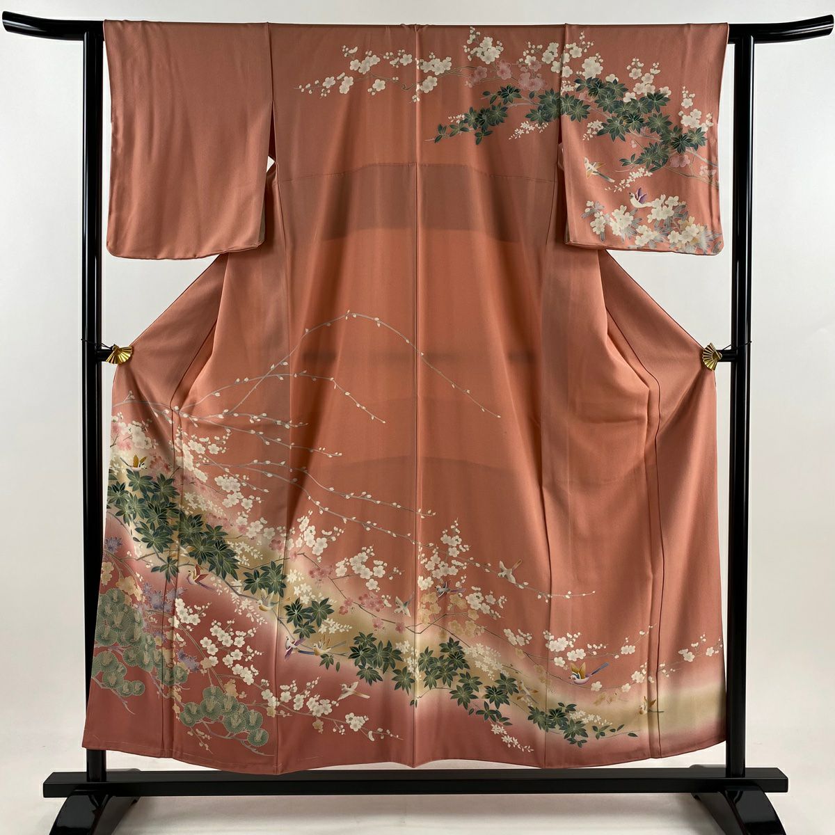 【庫存清倉】訪問服 身長154.5cm 袖長62cm S 雙層 松樹梅花 鳥 辨染 漸層 粉紅 純蠶絲 優品級