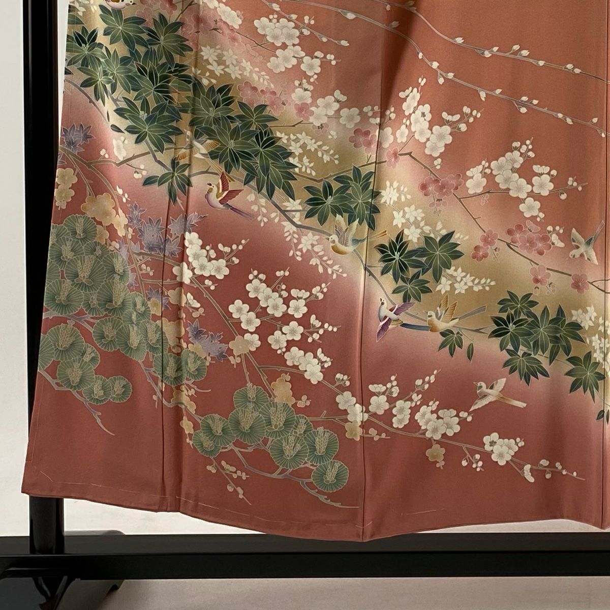 【庫存清倉】訪問服 身長154.5cm 袖長62cm S 雙層 松樹梅花 鳥 辨染 漸層 粉紅 純蠶絲 優品級