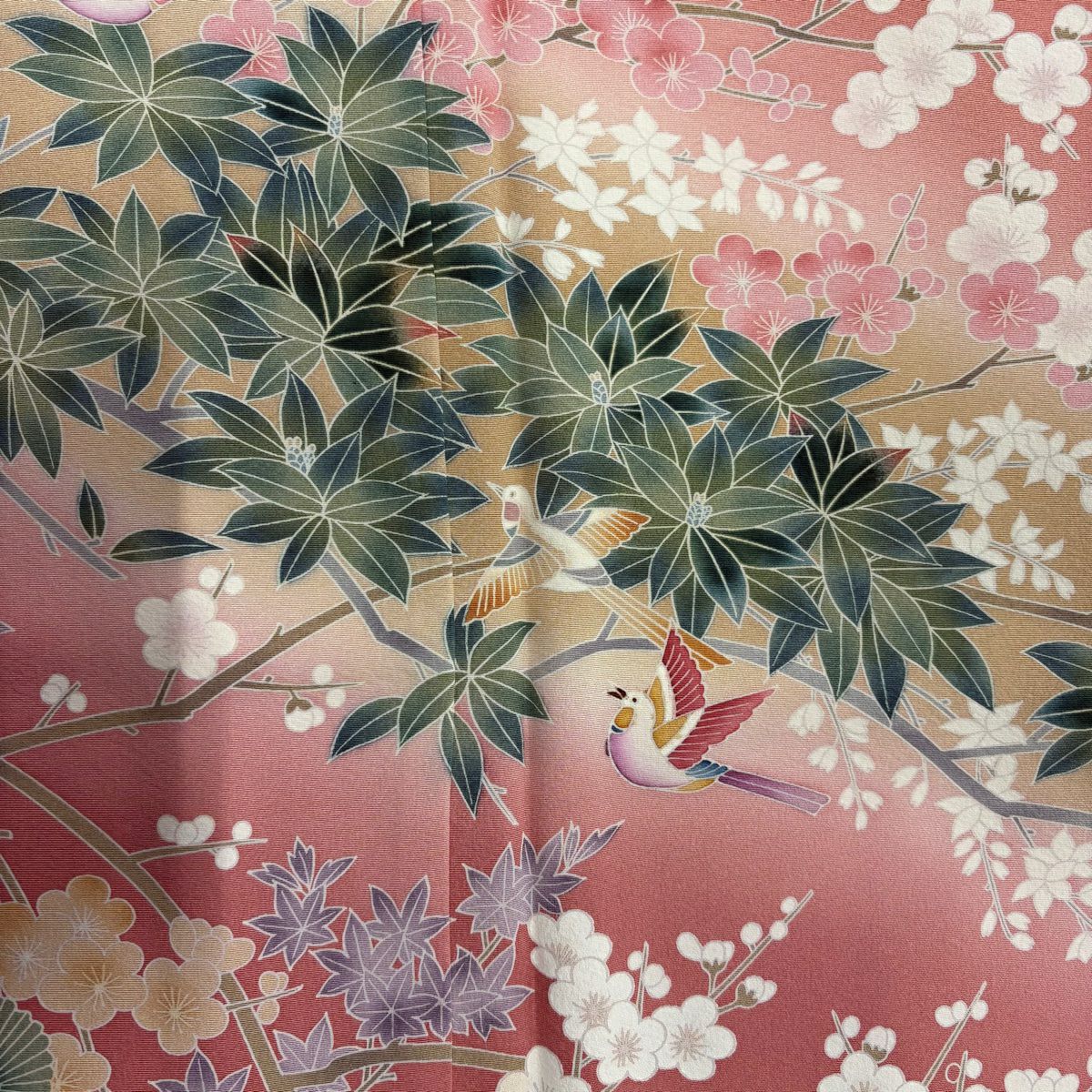 【庫存清倉】訪問服 身長154.5cm 袖長62cm S 雙層 松樹梅花 鳥 辨染 漸層 粉紅 純蠶絲 優品級