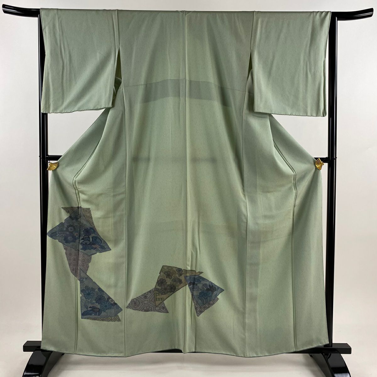 【庫存清倉】 付下 身長160.5cm 袖長65cm M 雙層 鴛鴦 草花紋刺繡 金銀彩 淡綠 純蠶絲 優品級
