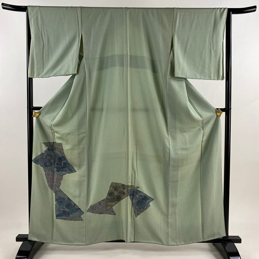 【庫存清倉】 付下 身長160.5cm 袖長65cm M 雙層 鴛鴦 草花紋刺繡 金銀彩 淡綠 純蠶絲 優品級