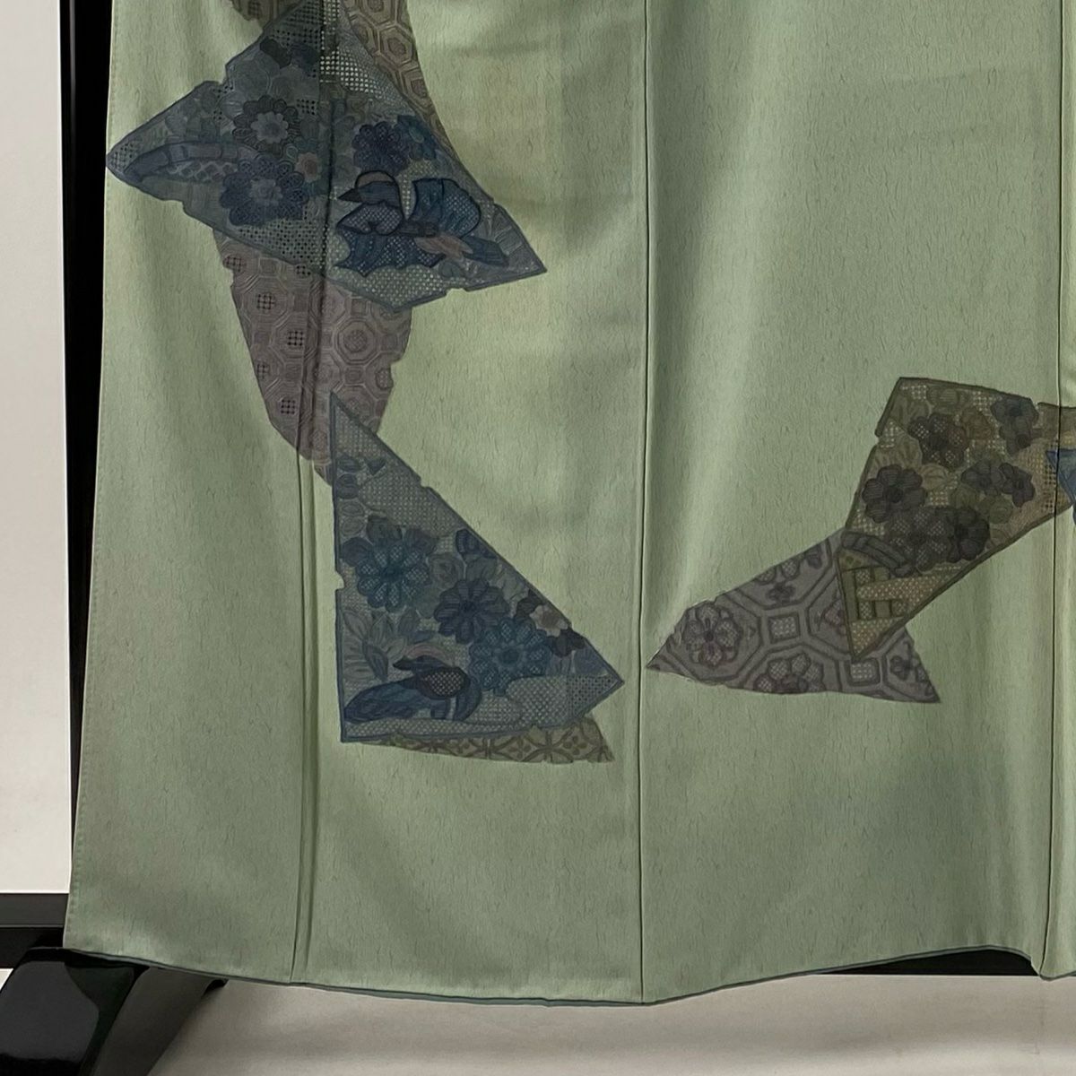 【庫存清倉】 付下 身長160.5cm 袖長65cm M 雙層 鴛鴦 草花紋刺繡 金銀彩 淡綠 純蠶絲 優品級
