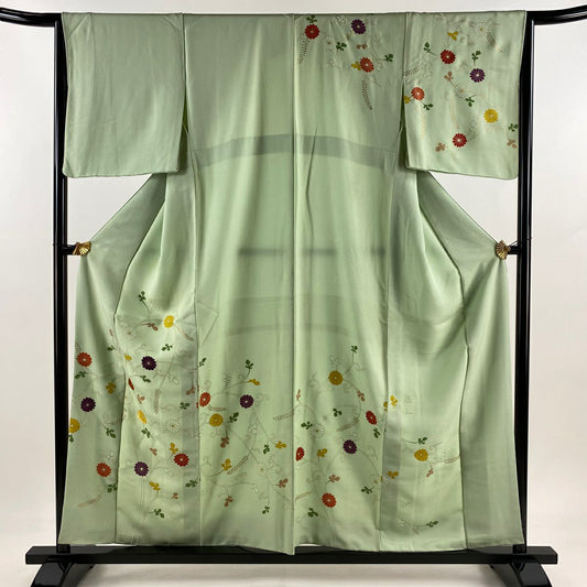 【庫存清倉】訪問服 身長156cm 袖長63.5cm S 雙層 菊花唐草紋 刺繡 金彩裝飾 淺綠 純蠶絲 優品級