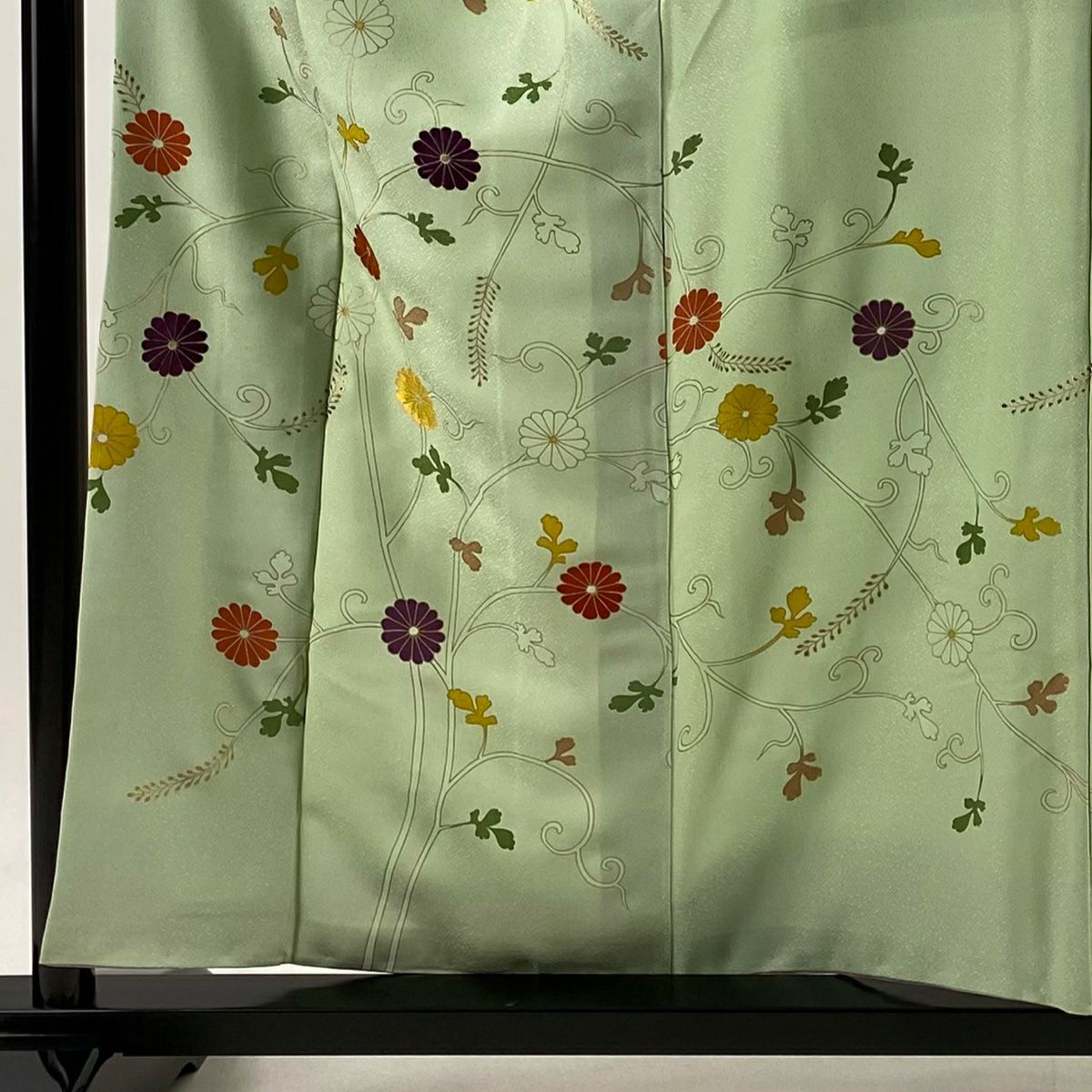 【庫存清倉】訪問服 身長156cm 袖長63.5cm S 雙層 菊花唐草紋 刺繡 金彩裝飾 淺綠 純蠶絲 優品級