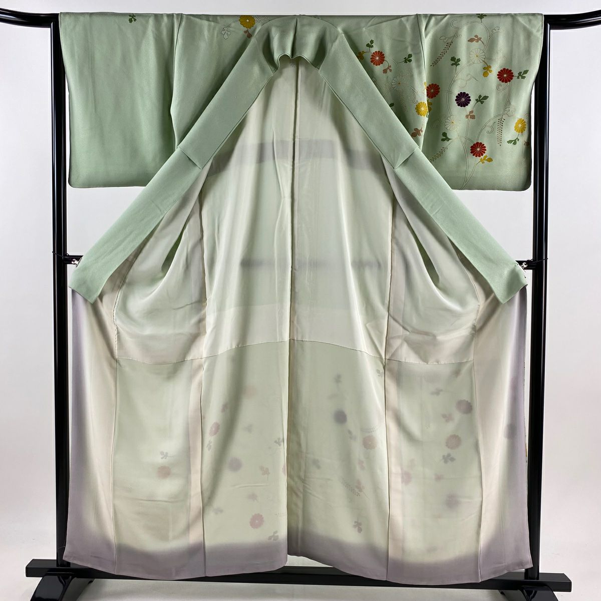 【庫存清倉】訪問服 身長156cm 袖長63.5cm S 雙層 菊花唐草紋 刺繡 金彩裝飾 淺綠 純蠶絲 優品級