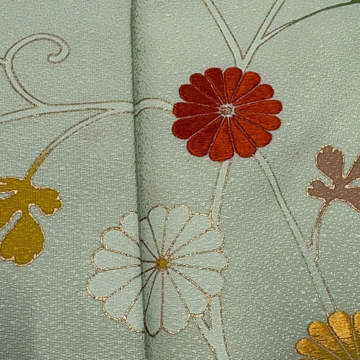 【庫存清倉】訪問服 身長156cm 袖長63.5cm S 雙層 菊花唐草紋 刺繡 金彩裝飾 淺綠 純蠶絲 優品級