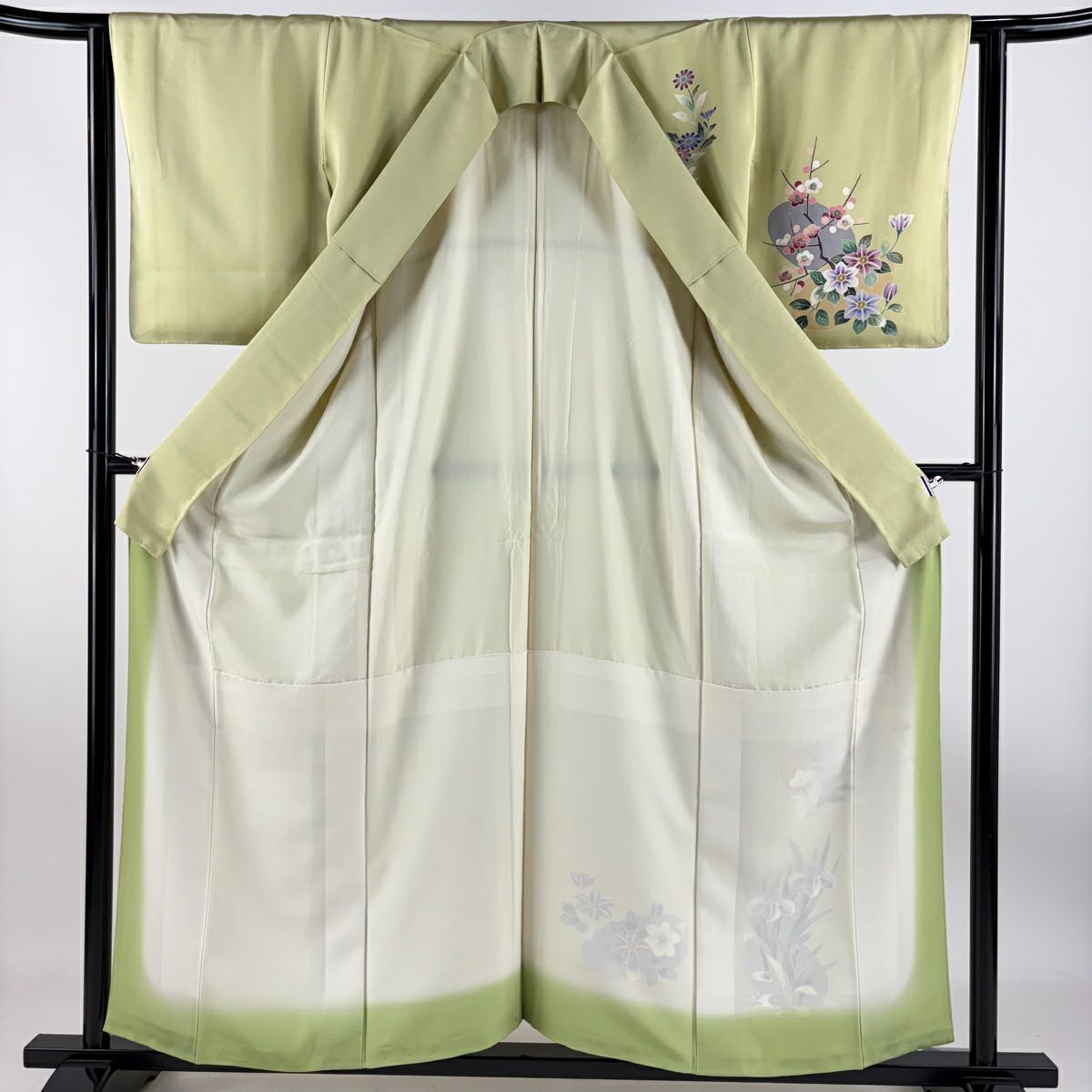【庫存清倉】 付下 身長156.5cm 袖長62cm S 雙層 落款有 枝梅花 桔梗 抹茶 純蠶絲 優品級