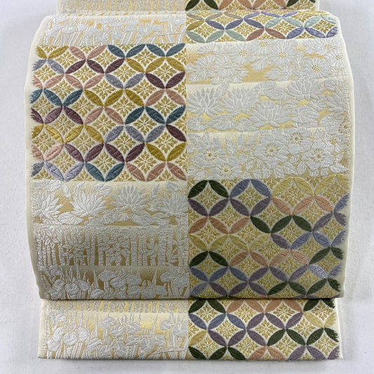 【庫存清倉】 袋帶 美品 逸品級 七寶紋 草花紋紋 唐織 金絲 奶油色 六通 純蠶絲