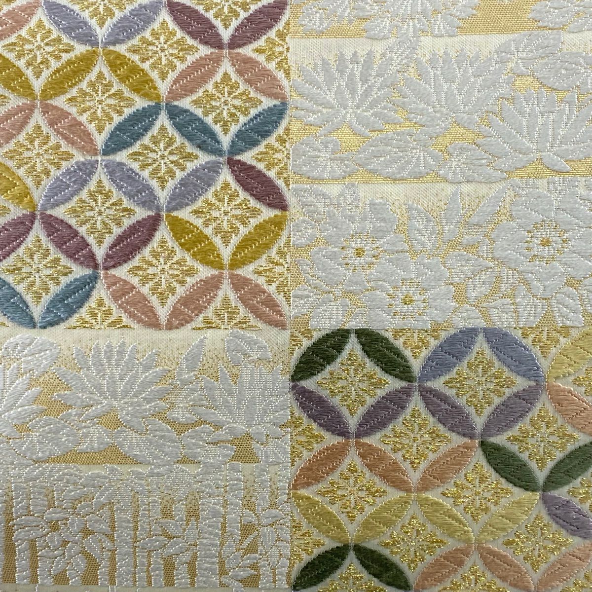 【庫存清倉】 袋帶 美品 逸品級 七寶紋 草花紋紋 唐織 金絲 奶油色 六通 純蠶絲