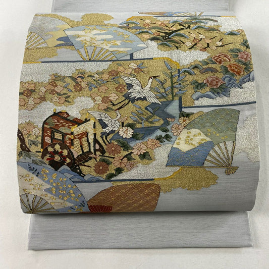 【庫存清倉】 袋帶 逸品級 花鳥 御所車 金銀絲 青灰 深藍色 お太鼓圖案 純蠶絲