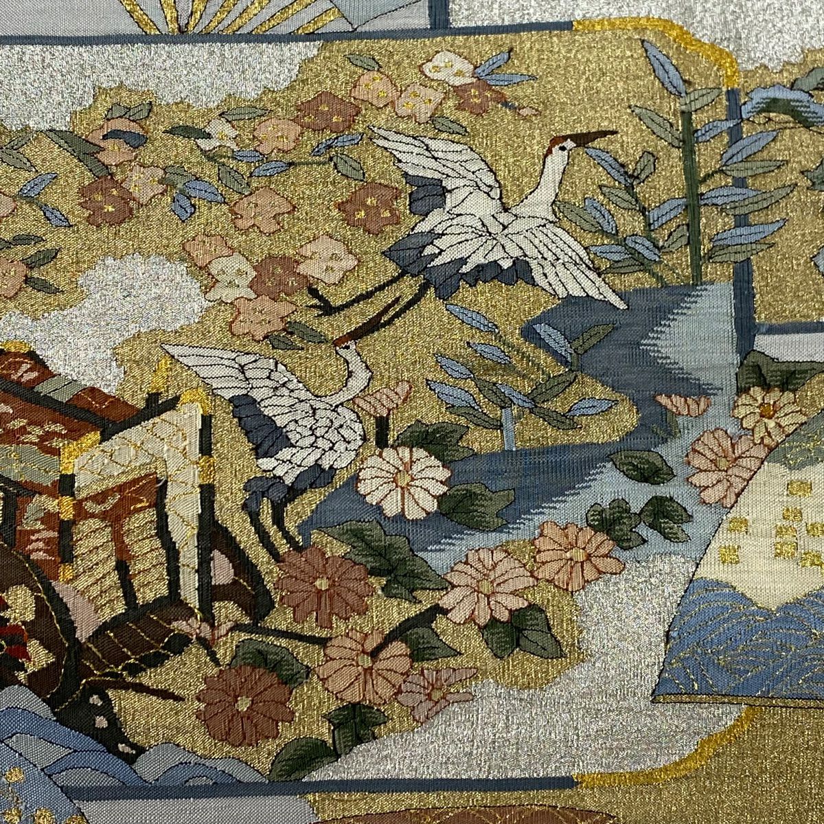 【庫存清倉】 袋帶 逸品級 花鳥 御所車 金銀絲 青灰 深藍色 お太鼓圖案 純蠶絲