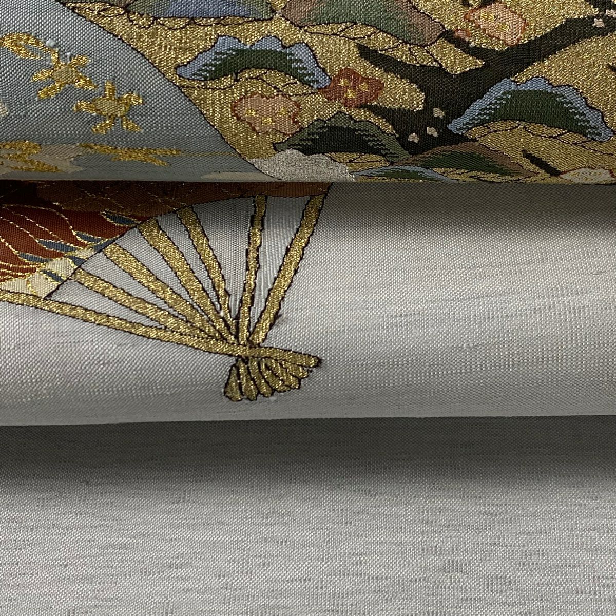【庫存清倉】 袋帶 逸品級 花鳥 御所車 金銀絲 青灰 深藍色 お太鼓圖案 純蠶絲