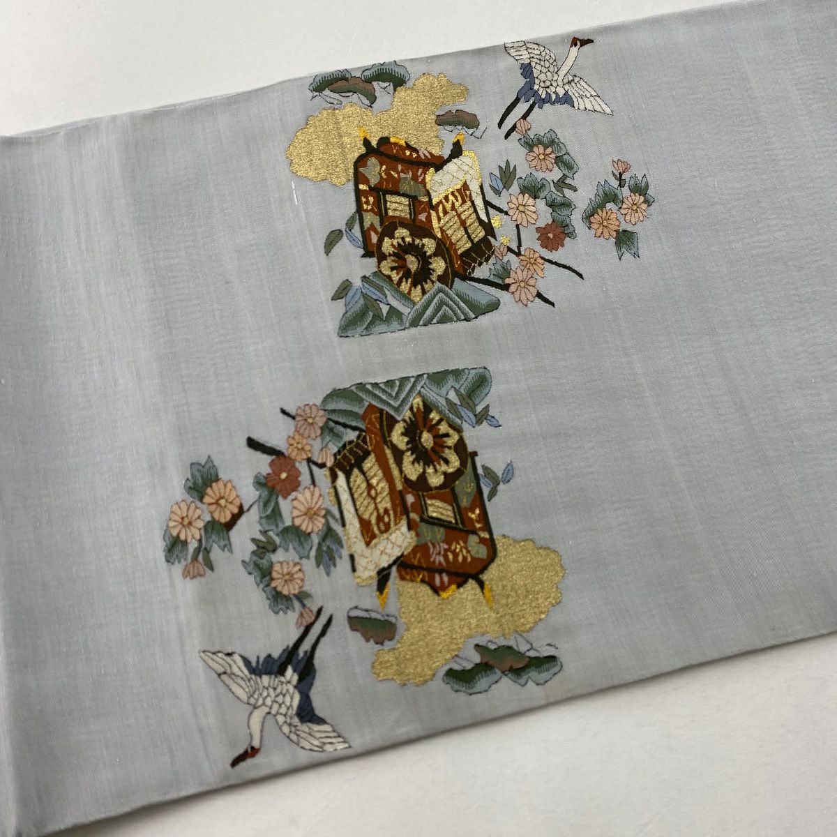 【庫存清倉】 袋帶 逸品級 花鳥 御所車 金銀絲 青灰 深藍色 お太鼓圖案 純蠶絲