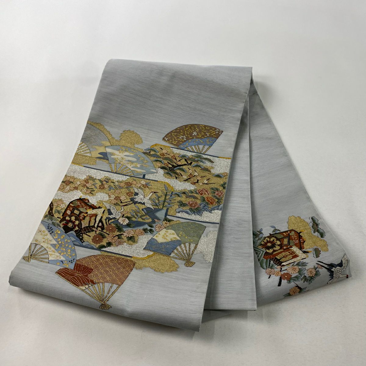 【庫存清倉】 袋帶 逸品級 花鳥 御所車 金銀絲 青灰 深藍色 お太鼓圖案 純蠶絲