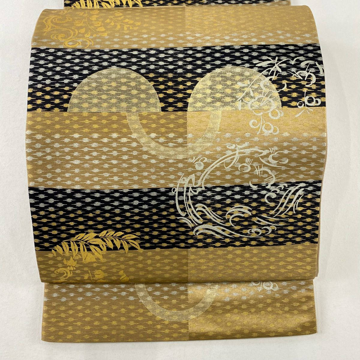 【庫存清倉】 袋帶 美品 秀品級 草花紋幾何圖案 金銀彩 銀線 茶 六通 純蠶絲