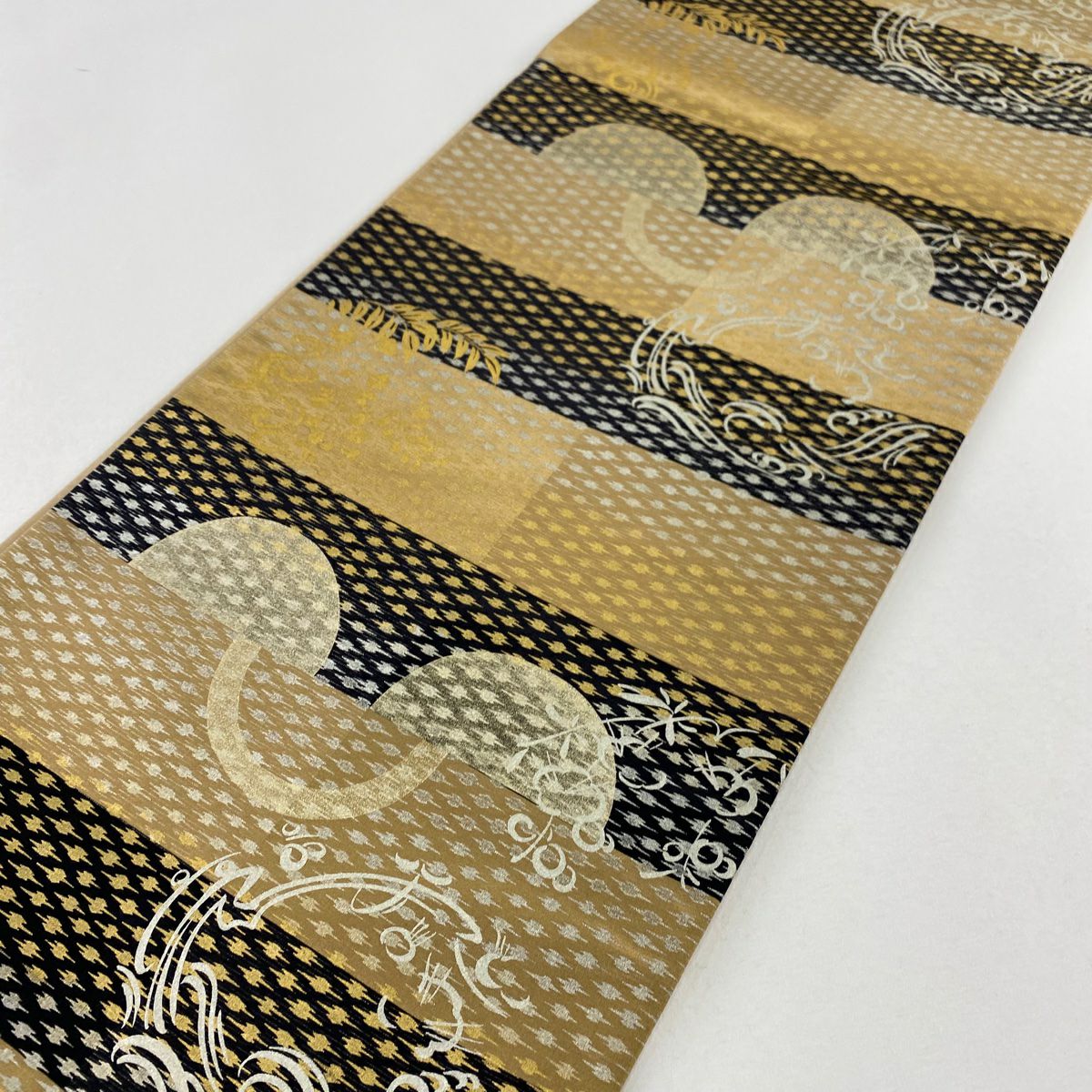 【庫存清倉】 袋帶 美品 秀品級 草花紋幾何圖案 金銀彩 銀線 茶 六通 純蠶絲