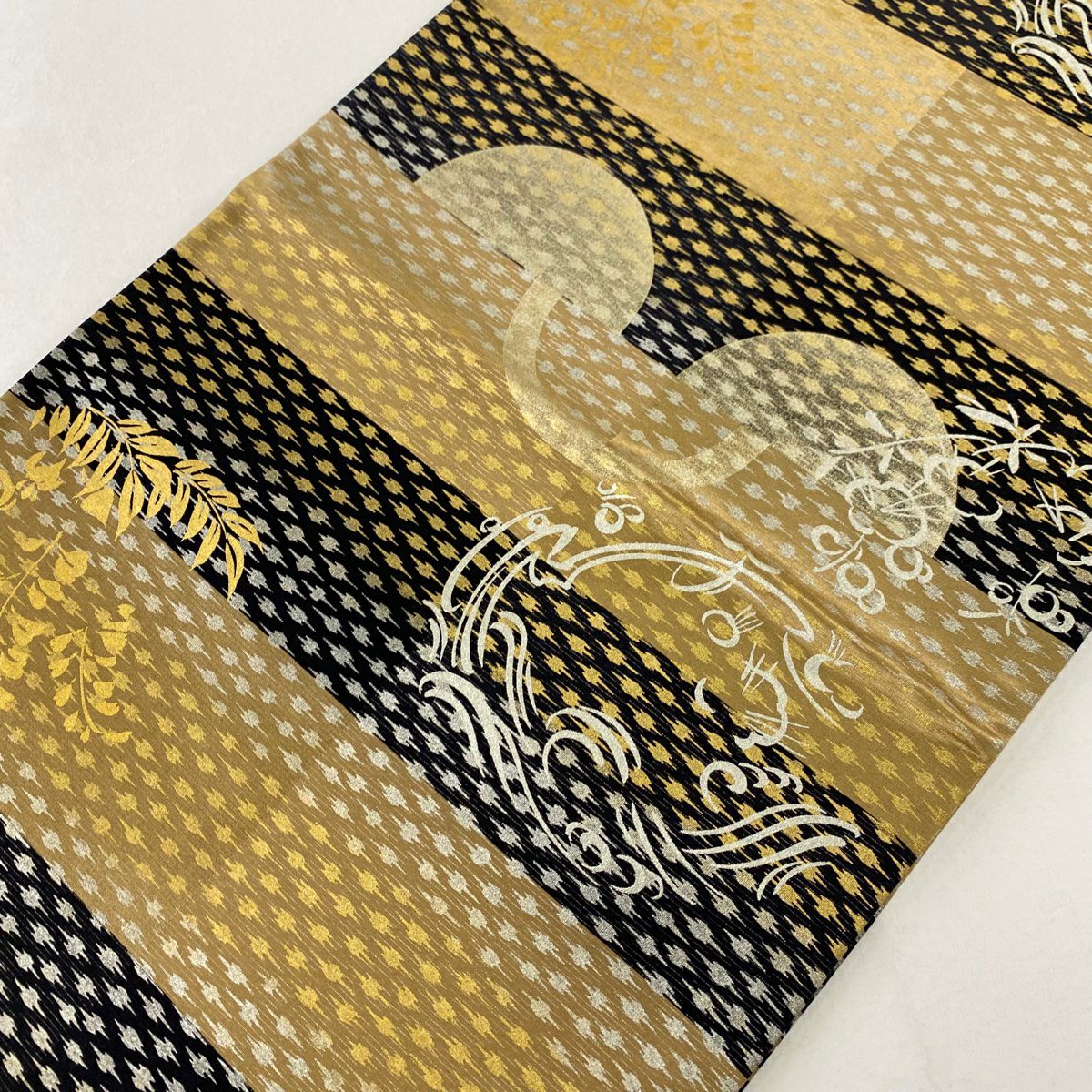 【庫存清倉】 袋帶 美品 秀品級 草花紋幾何圖案 金銀彩 銀線 茶 六通 純蠶絲