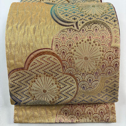 【庫存清倉】 袋帶 美品 秀品級 梅花花 青海波 金絲 金金箔 金色 六通 純蠶絲