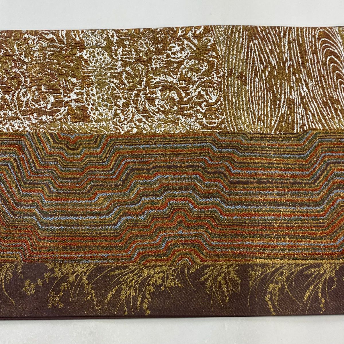 【庫存清倉】 袋帶 美品 秀品級 幾何圖案 草花紋紋 金金箔 灰紫 六通 純蠶絲